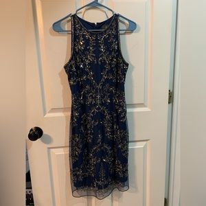 Adrianna Papell Dark Blue Beaded Cocktail Dress